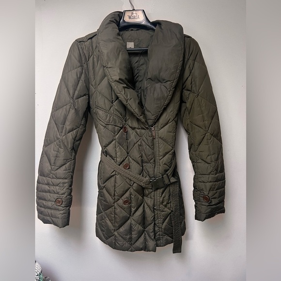 Add Down Puffer green khaki belted Coat size small - Picture 3 of 10